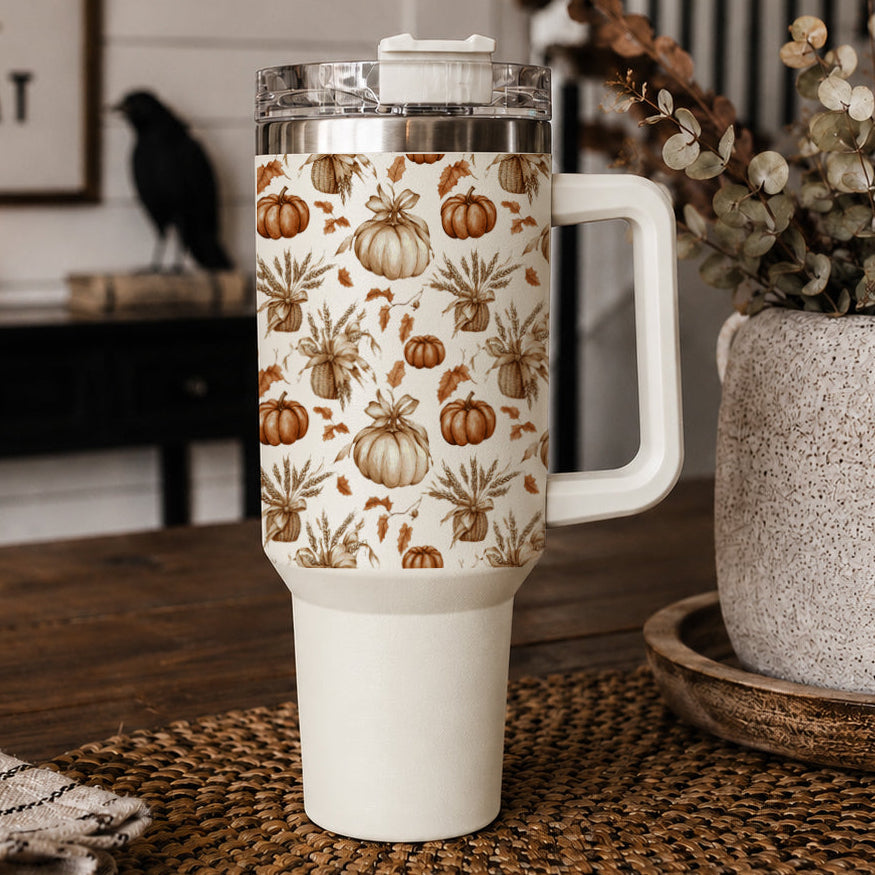 Rustic Pumpkins 40oz Tumbler | Fall Insulated Cup with Handle by Gia Roma