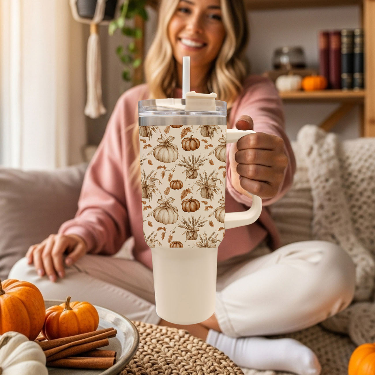 Rustic Pumpkins 40oz Tumbler | Fall Insulated Cup with Handle by Gia Roma