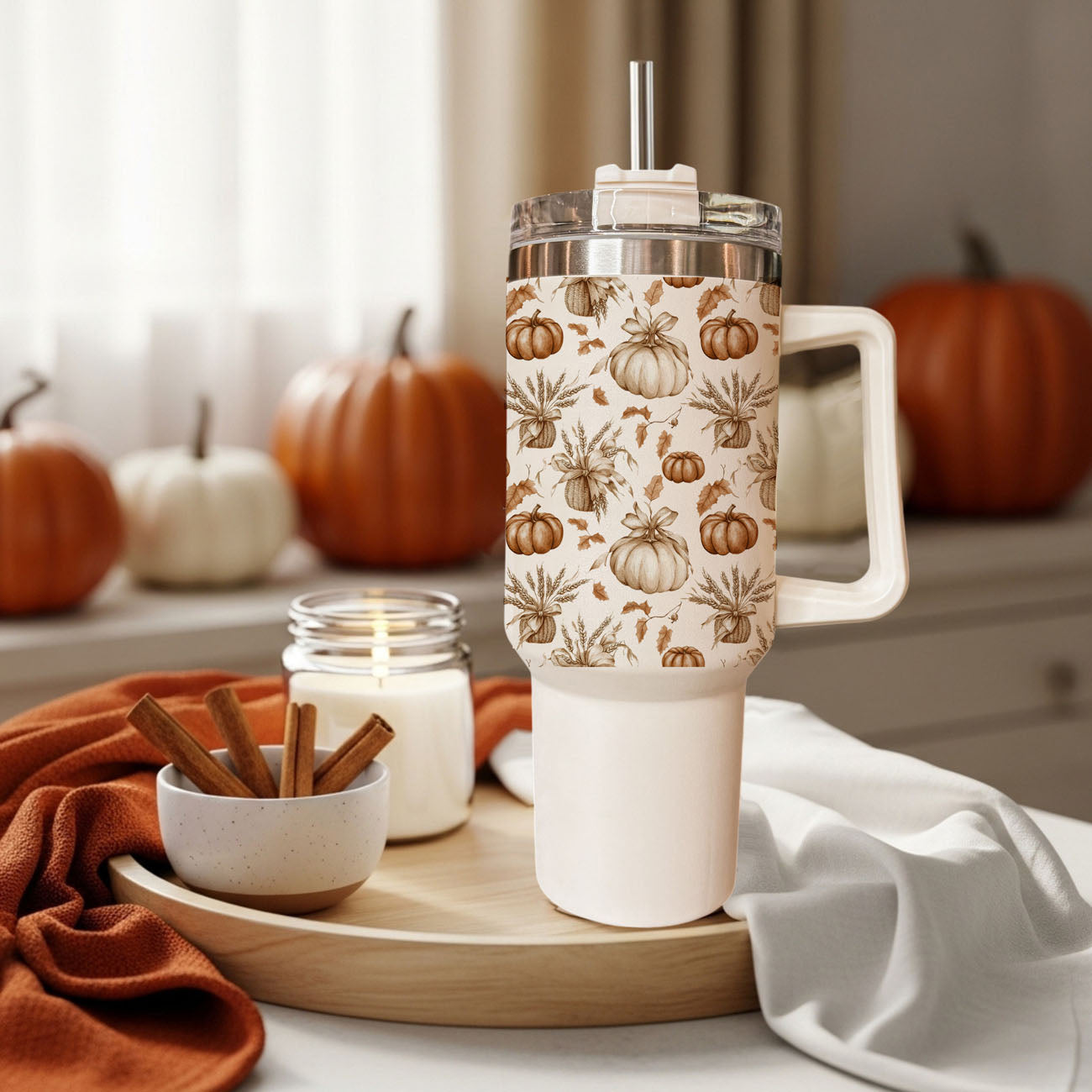 Rustic Pumpkins 40oz Tumbler | Fall Insulated Cup with Handle by Gia Roma