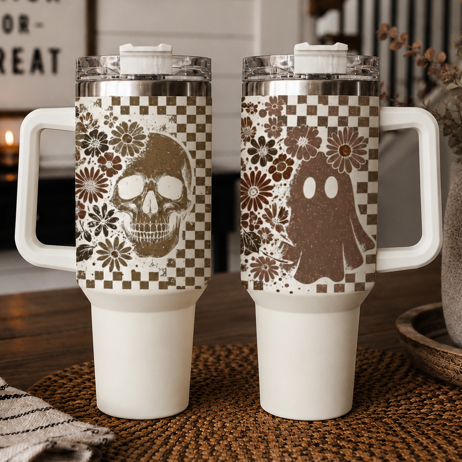 Retro Ghost & Skull 40oz Tumbler | Halloween Checkered Insulated Cup by Gia Roma