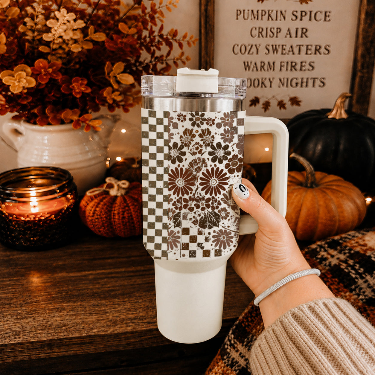 Retro Ghost & Skull 40oz Tumbler | Halloween Checkered Insulated Cup by Gia Roma