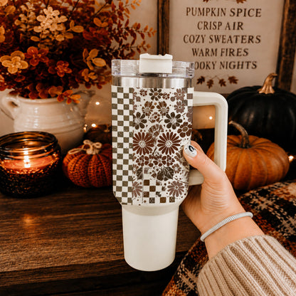 Retro Ghost & Skull 40oz Tumbler | Halloween Checkered Insulated Cup by Gia Roma