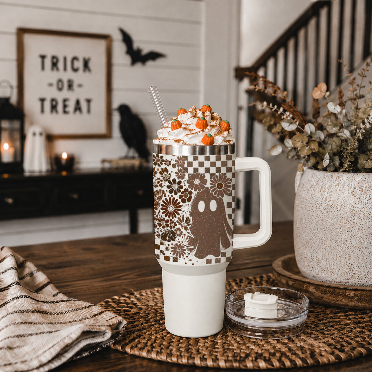 Retro Ghost & Skull 40oz Tumbler | Halloween Checkered Insulated Cup by Gia Roma