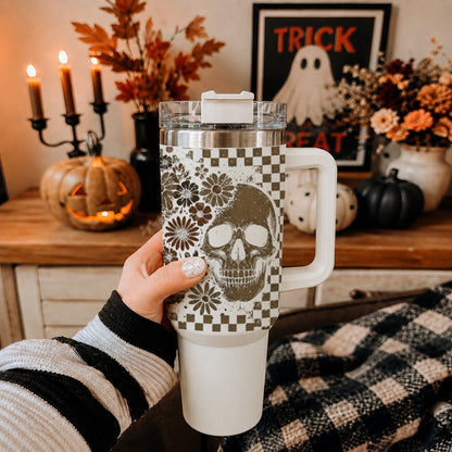 Retro Ghost & Skull 40oz Tumbler | Halloween Checkered Insulated Cup by Gia Roma