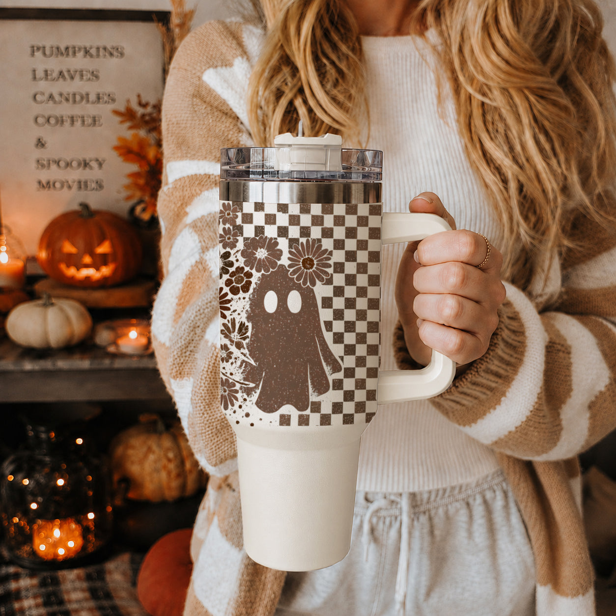 Retro Ghost & Skull 40oz Tumbler | Halloween Checkered Insulated Cup by Gia Roma