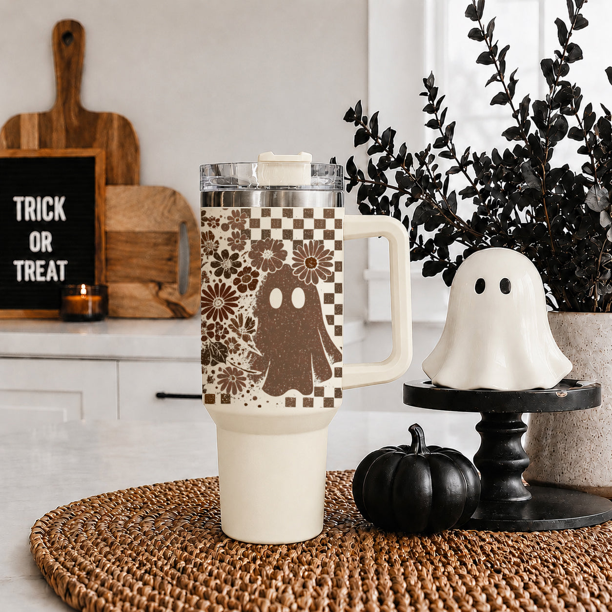 Retro Ghost & Skull 40oz Tumbler | Halloween Checkered Insulated Cup by Gia Roma
