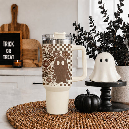 Retro Ghost & Skull 40oz Tumbler | Halloween Checkered Insulated Cup by Gia Roma