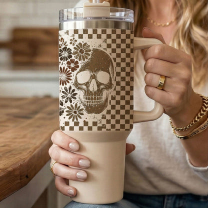 Retro Ghost & Skull 40oz Tumbler | Halloween Checkered Insulated Cup by Gia Roma