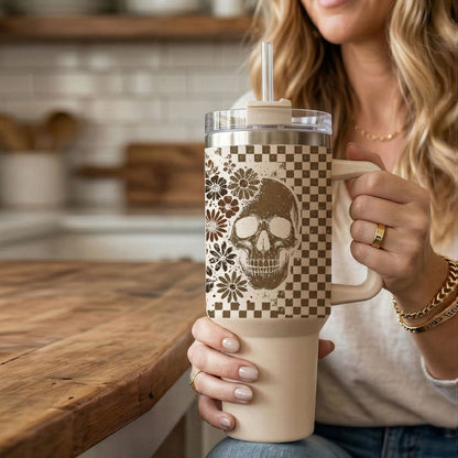 Retro Ghost & Skull 40oz Tumbler | Halloween Checkered Insulated Cup by Gia Roma