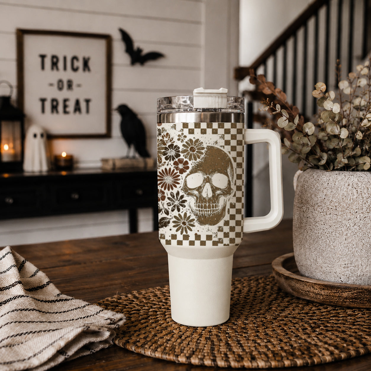 Retro Ghost & Skull 40oz Tumbler | Halloween Checkered Insulated Cup by Gia Roma