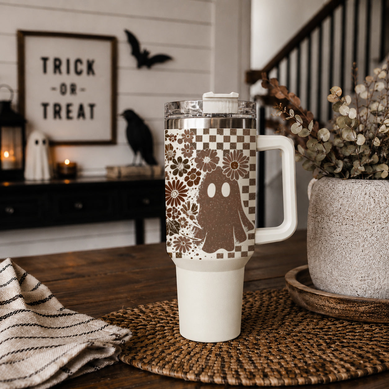 Retro Ghost & Skull 40oz Tumbler | Halloween Checkered Insulated Cup by Gia Roma