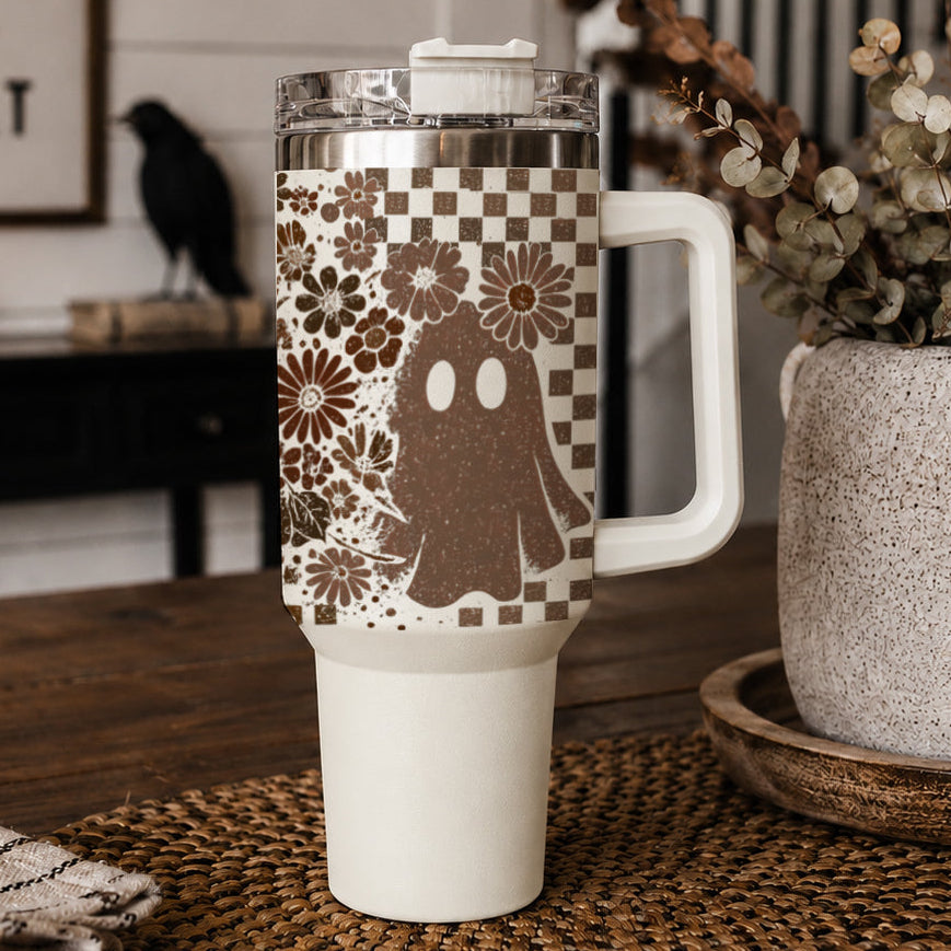 Retro Ghost & Skull 40oz Tumbler | Halloween Checkered Insulated Cup by Gia Roma