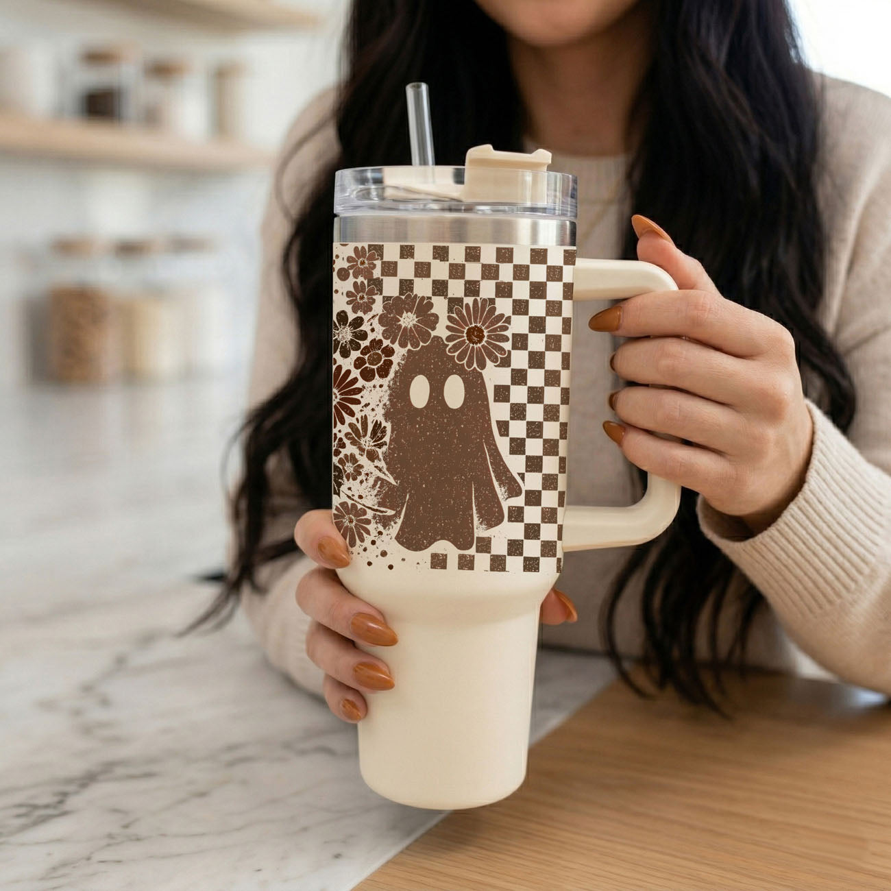 Retro Ghost & Skull 40oz Tumbler | Halloween Checkered Insulated Cup by Gia Roma