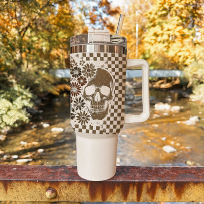 Retro Ghost & Skull 40oz Tumbler | Halloween Checkered Insulated Cup by Gia Roma