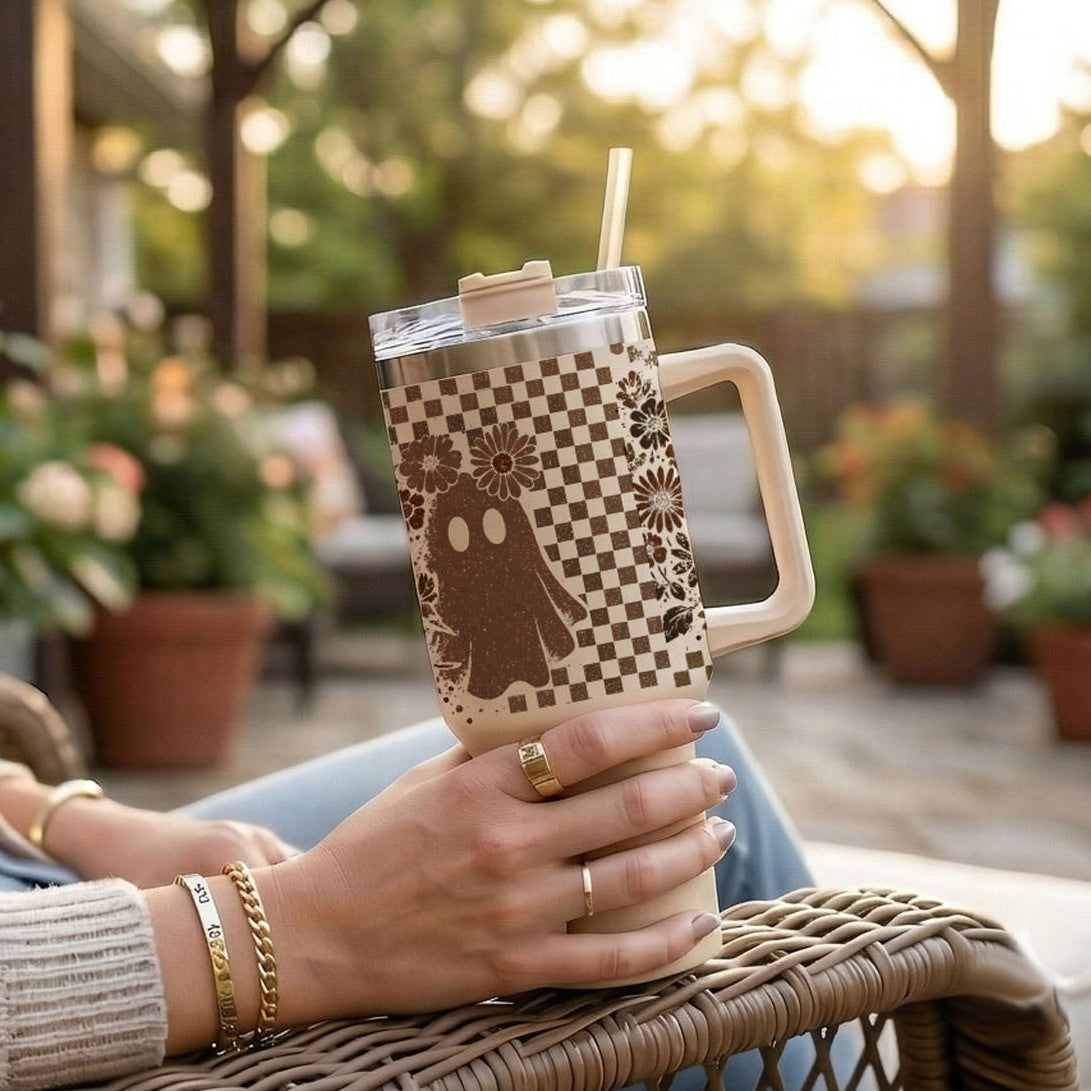 Retro Ghost & Skull 40oz Tumbler | Halloween Checkered Insulated Cup by Gia Roma