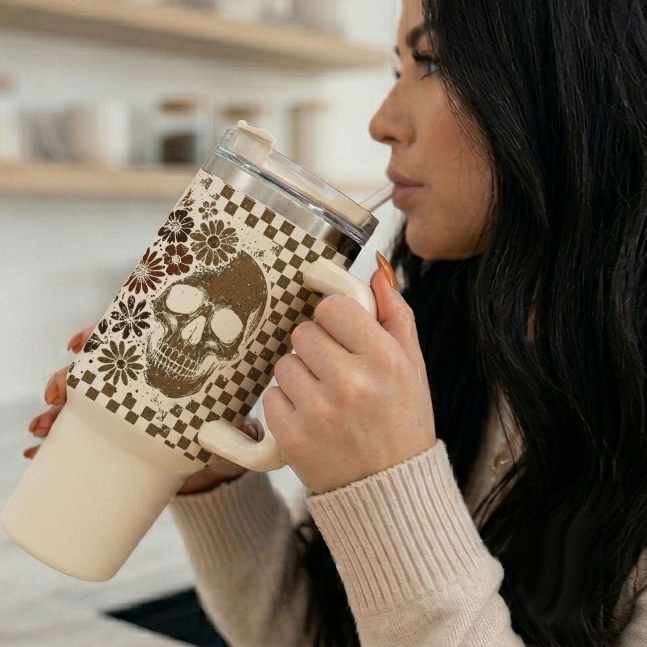 Retro Ghost & Skull 40oz Tumbler | Halloween Checkered Insulated Cup by Gia Roma