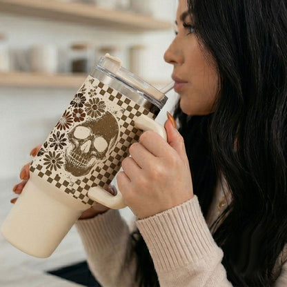 Retro Ghost & Skull 40oz Tumbler | Halloween Checkered Insulated Cup by Gia Roma