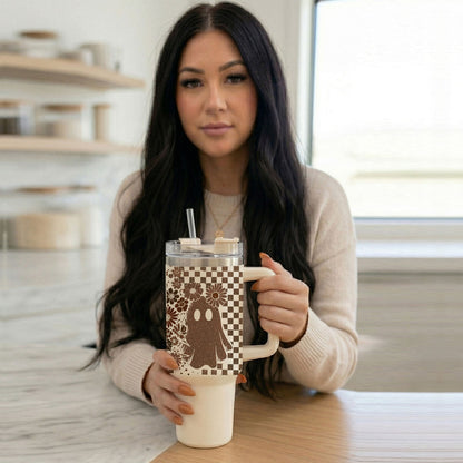 Retro Ghost & Skull 40oz Tumbler | Halloween Checkered Insulated Cup by Gia Roma