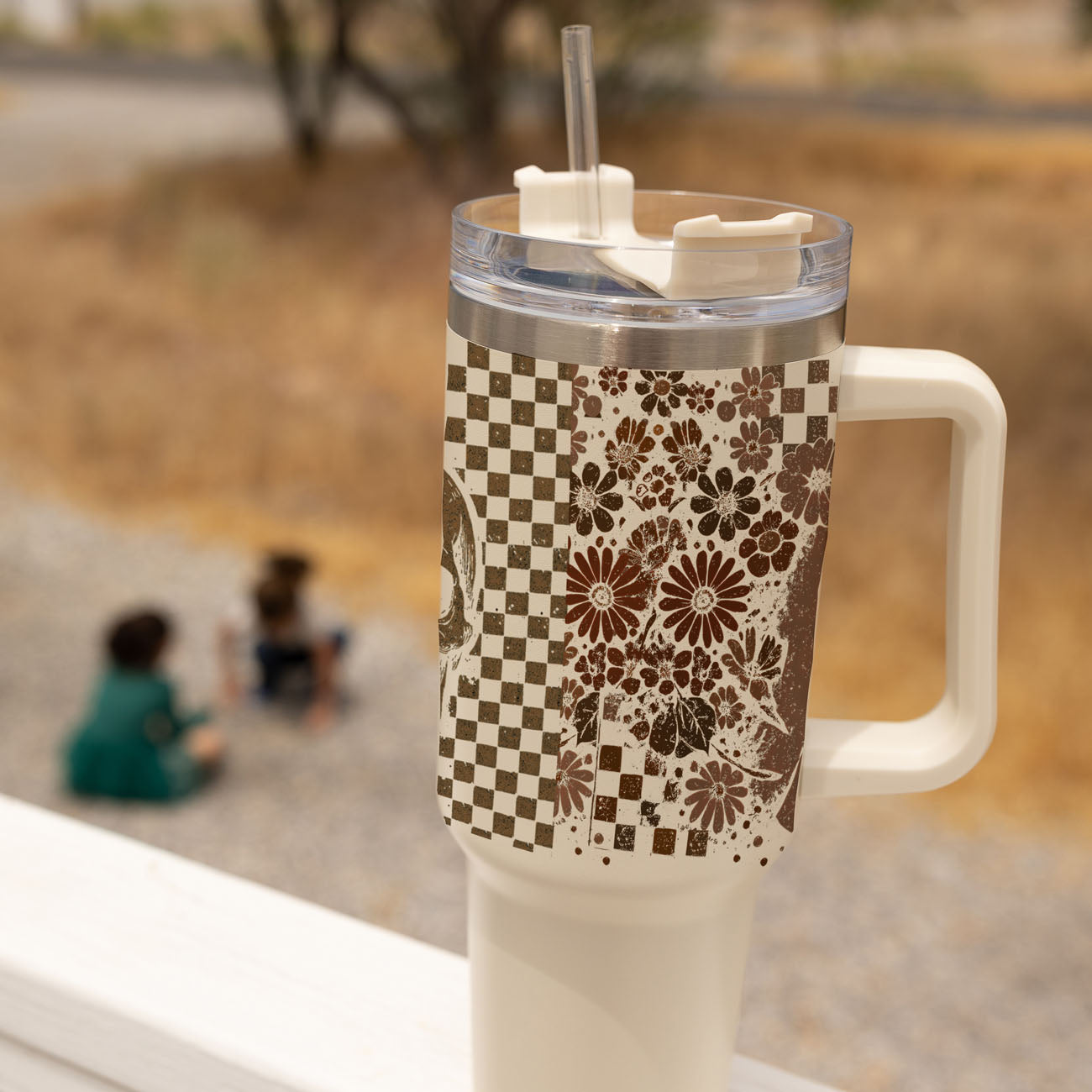 Retro Ghost & Skull 40oz Tumbler | Halloween Checkered Insulated Cup by Gia Roma