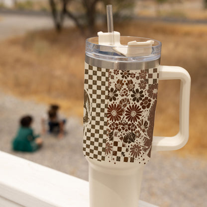 Retro Ghost & Skull 40oz Tumbler | Halloween Checkered Insulated Cup by Gia Roma
