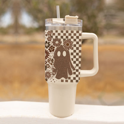 Retro Ghost & Skull 40oz Tumbler | Halloween Checkered Insulated Cup by Gia Roma
