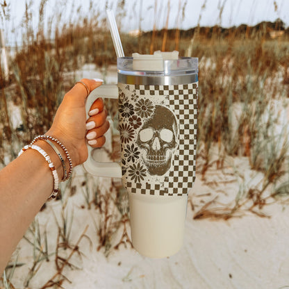 Retro Ghost & Skull 40oz Tumbler | Halloween Checkered Insulated Cup by Gia Roma