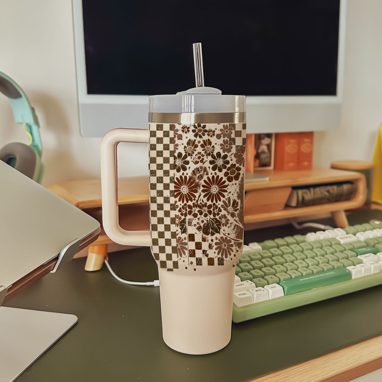 Retro Ghost & Skull 40oz Tumbler | Halloween Checkered Insulated Cup by Gia Roma