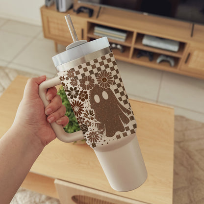 Retro Ghost & Skull 40oz Tumbler | Halloween Checkered Insulated Cup by Gia Roma