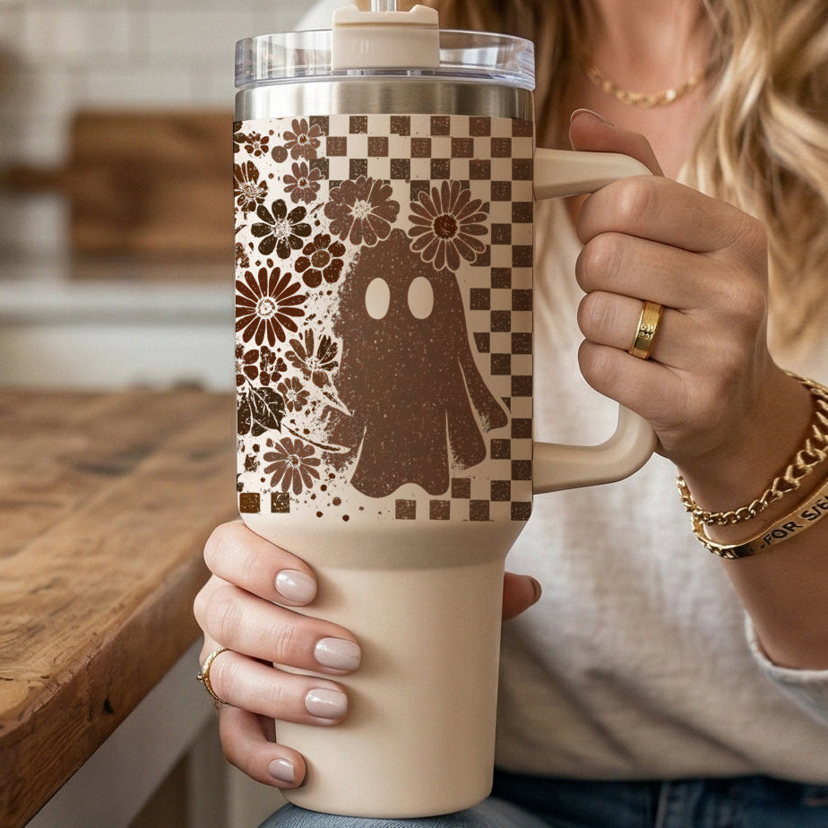 Retro Ghost & Skull 40oz Tumbler | Halloween Checkered Insulated Cup by Gia Roma