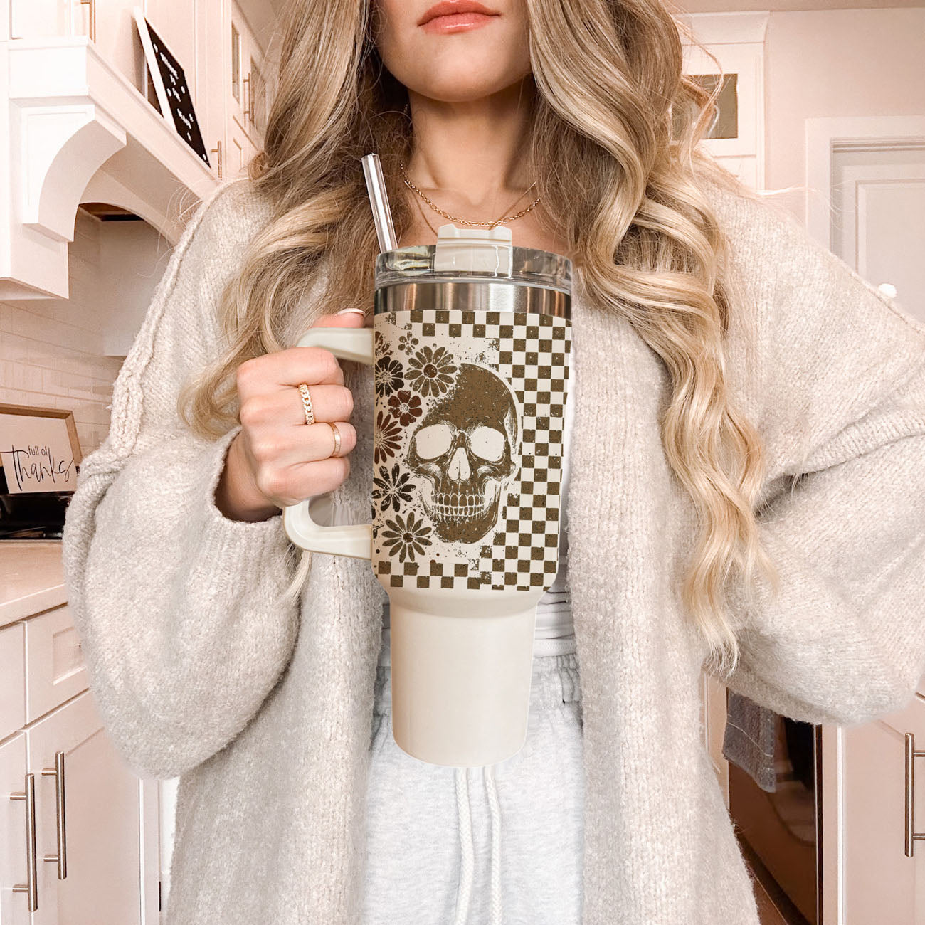 Retro Ghost & Skull 40oz Tumbler | Halloween Checkered Insulated Cup by Gia Roma