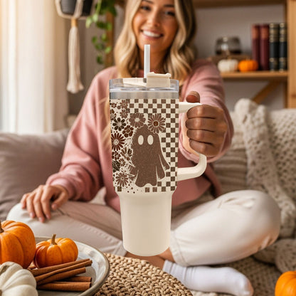 Retro Ghost & Skull 40oz Tumbler | Halloween Checkered Insulated Cup by Gia Roma