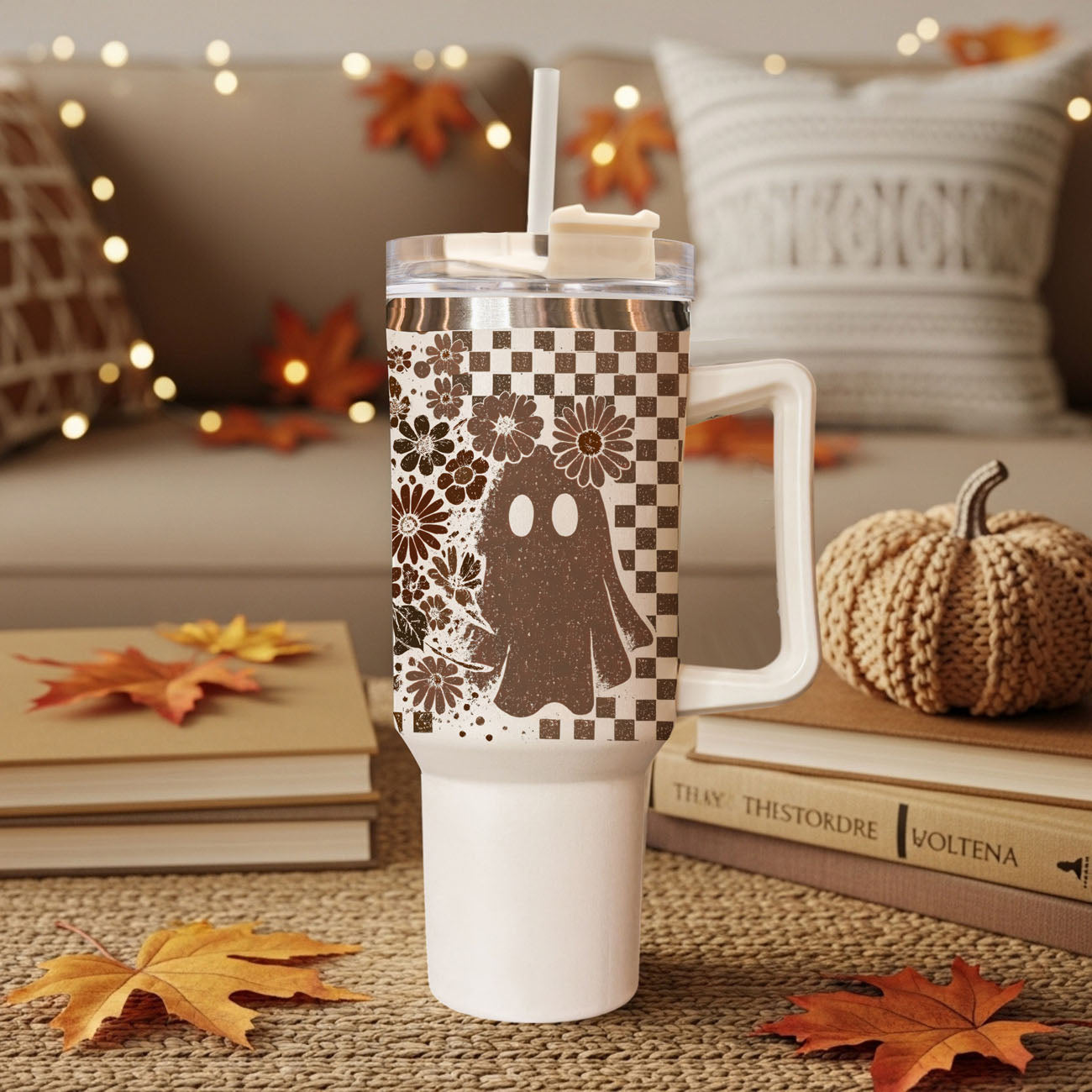 Retro Ghost & Skull 40oz Tumbler | Halloween Checkered Insulated Cup by Gia Roma