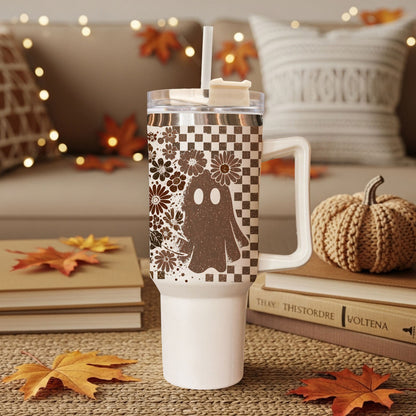Retro Ghost & Skull 40oz Tumbler | Halloween Checkered Insulated Cup by Gia Roma
