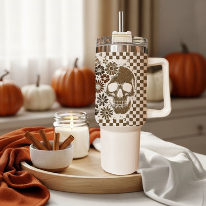 Retro Ghost & Skull 40oz Tumbler | Halloween Checkered Insulated Cup by Gia Roma