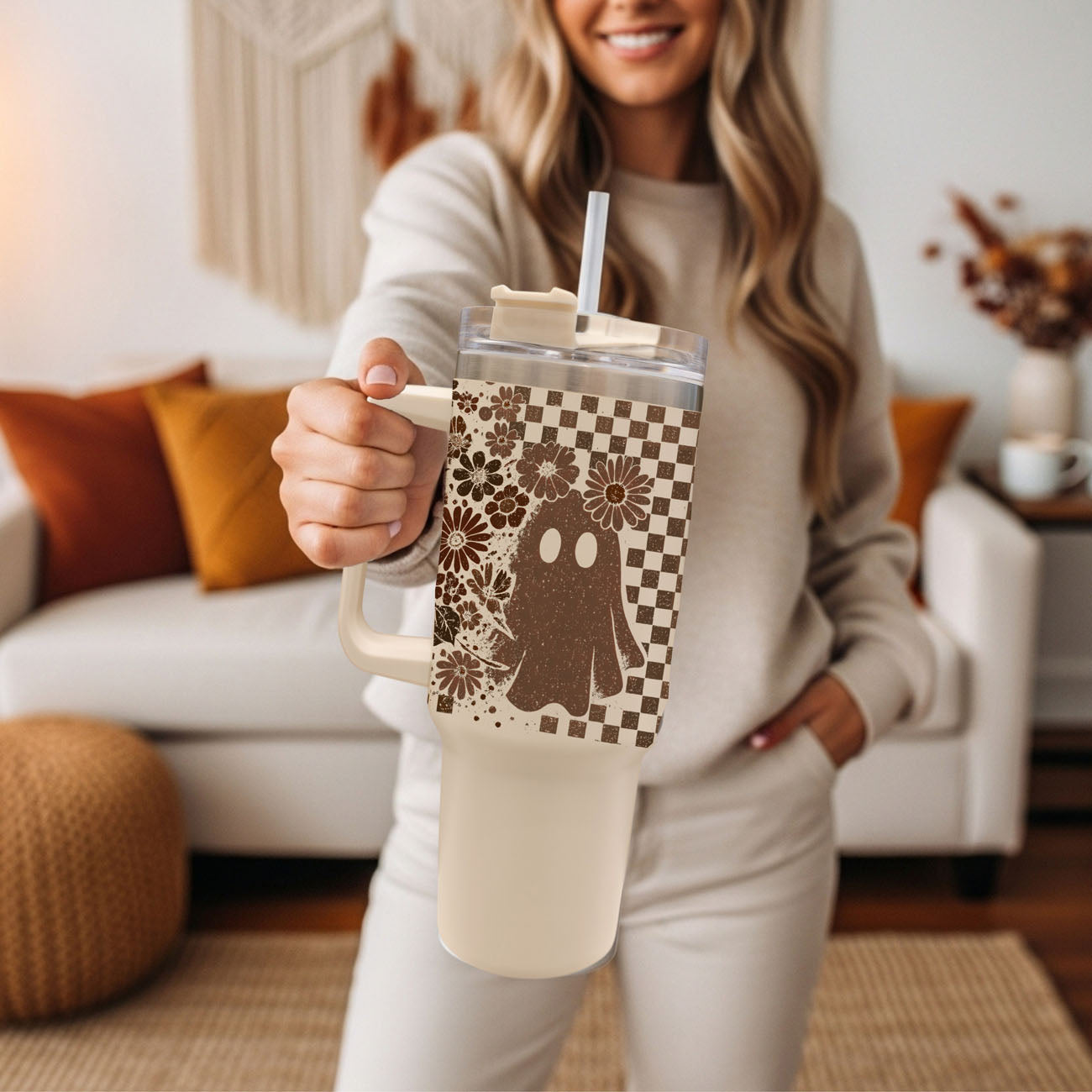 Retro Ghost & Skull 40oz Tumbler | Halloween Checkered Insulated Cup by Gia Roma