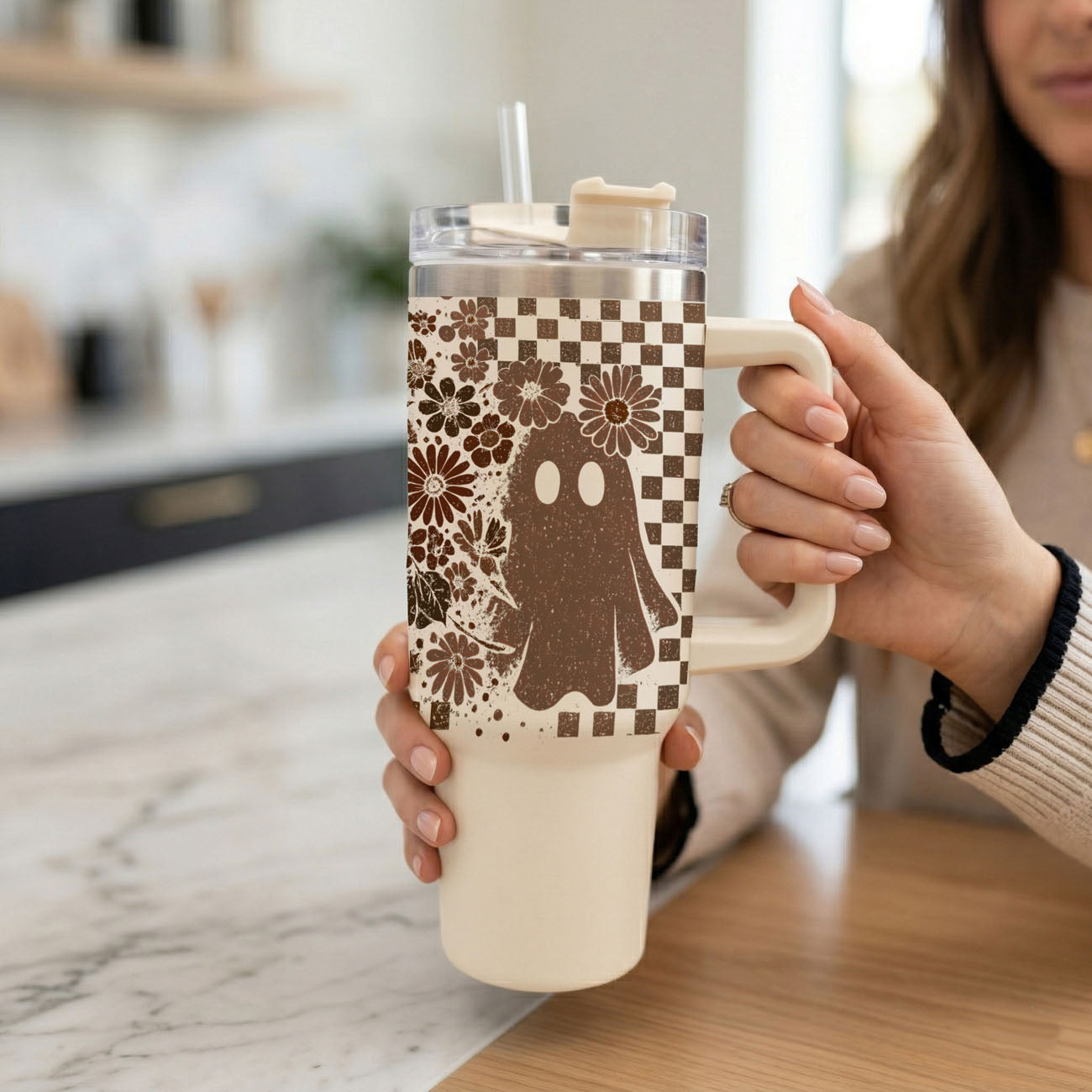 Retro Ghost & Skull 40oz Tumbler | Halloween Checkered Insulated Cup by Gia Roma