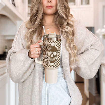 Retro Ghost & Skull 40oz Tumbler | Halloween Checkered Insulated Cup by Gia Roma