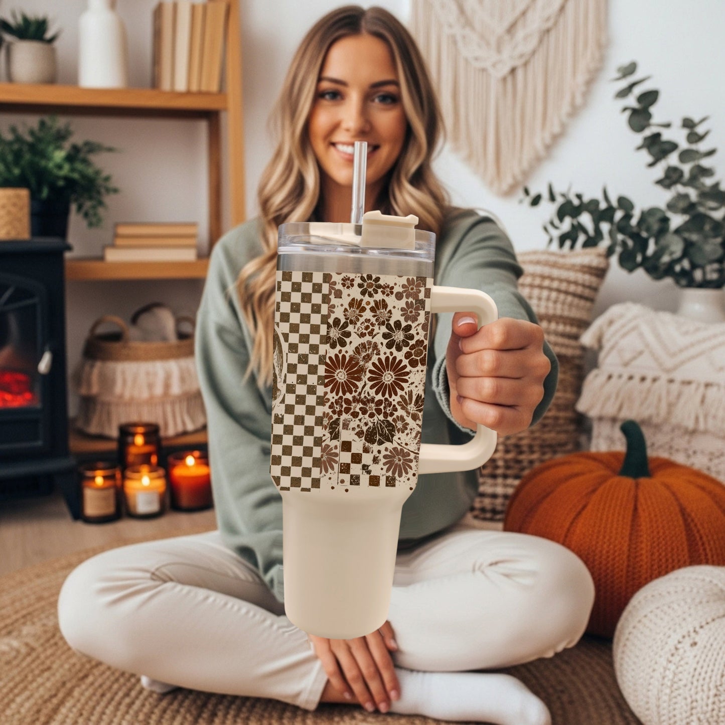 Retro Ghost & Skull 40oz Tumbler | Halloween Checkered Insulated Cup by Gia Roma