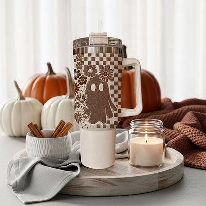 Retro Ghost & Skull 40oz Tumbler | Halloween Checkered Insulated Cup by Gia Roma
