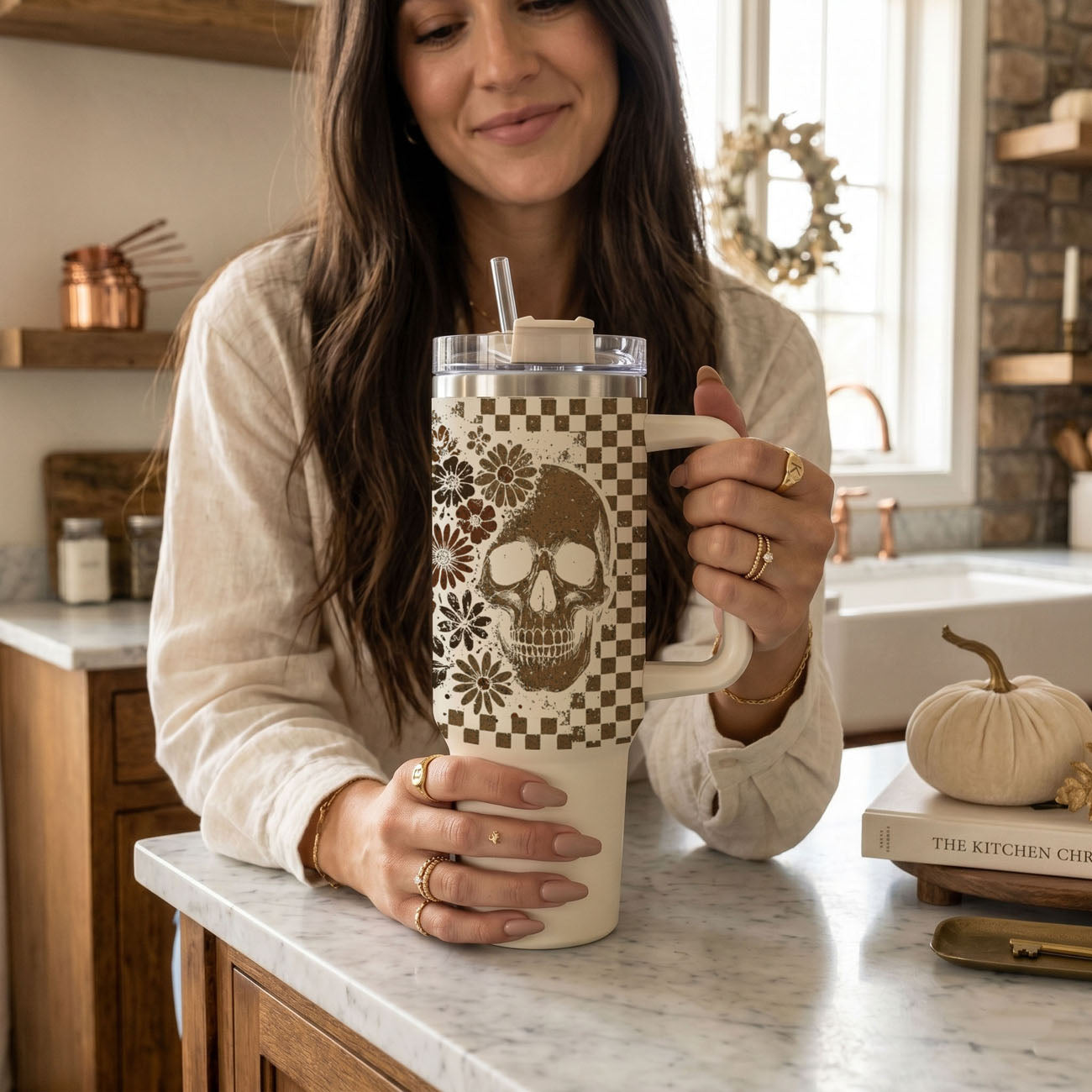 Retro Ghost & Skull 40oz Tumbler | Halloween Checkered Insulated Cup by Gia Roma