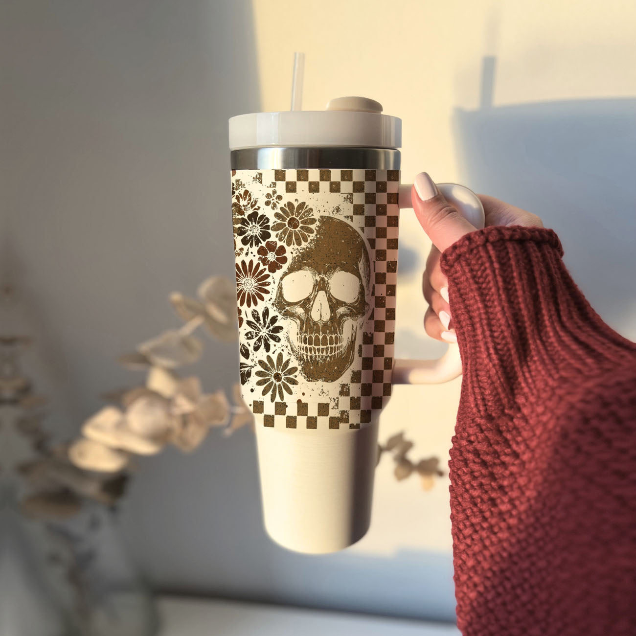 Retro Ghost & Skull 40oz Tumbler | Halloween Checkered Insulated Cup by Gia Roma