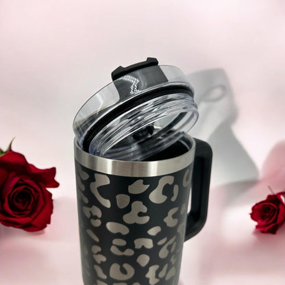 Leopard Print 40 oz Tumbler with Handle & Straw – Engraved Insulated Cup